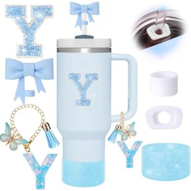 Imagem de Conjunto de 6 peças de acessórios de copo Stanley azul, topo de canudo de arco para copo Stanley 850 g 1,134 g, incluindo cobertura de palha e bota de silicone brilhante, tampas à prova de