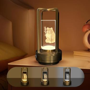 Imagem de AMOMKET Candeeiro de mesa portátil sem fio com projeção de padrão panda 3D, luminária de mesa de cabeceira, iluminação ambiente exclusiva, lâmpada de LED sem fio recarregável em 3 cores com controle