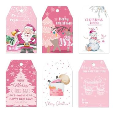 Imagem de JSDJ 60 peças de etiquetas de presente de papel rosa de Natal fofas etiquetas de Natal com corda de cânhamo etiquetas penduradas presente para festa de inverno, Natal, férias, faça você mesmo, pacotes