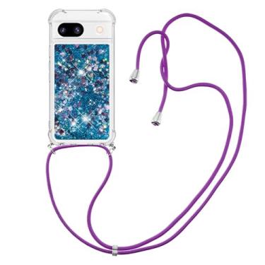 Imagem de LEMAXELERS Capa para Google Pixel 8A, capa fofa com glitter flutuante cachoeira líquida moda feminina e meninas com cordão ajustável capa de pescoço para Google Pixel 8A. Love Blue YB