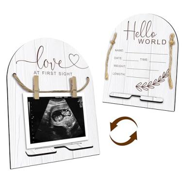 Imagem de Placa de madeira Hello World Baby Recém-nascido – Moldura de ultrassom com suporte – Placa de anúncio de bebê inacabada com impressão dupla face – Quadro de marcos de bebê e presente de gravidez