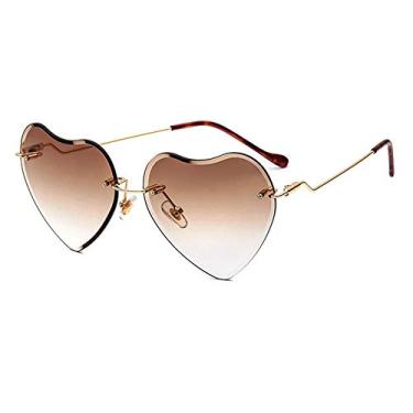 Imagem de Dollger Óculos de sol femininos de coração sem aro com armação de metal fino em forma de coração, óculos de sol festivo divertido rave UV400 marrom