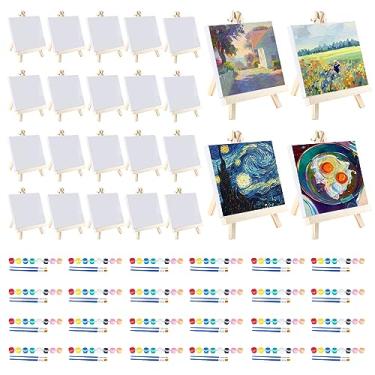 Imagem de Merkaunis Conjunto de mini pintura em tela de 120 peças inclui mini tela de 4 x 4 polegadas, mini cavalete, pincéis, tinta acrílica, mini tela e cavalete mini conjunto de pintura artística p