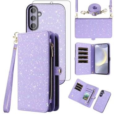 Imagem de Capa de celular para Samsung Galaxy S24 Plus/S25 Plus S24+ S25+ 5G Carteira magnética destacável com protetor de tela e suporte de cartão com glitter celular S24Plus 24S + S 24 24+ S25Plus 25S 25+