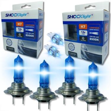 Imagem de Kit 2 pares lâmpadas h7 super branca shocklight + par lâmpadas led t10