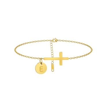 Imagem de Mauzew Tornozeleira feminina com inicial dourada delicada à prova d'água com cruz dourada personalizada A-Z Moeda Disco Letra Tornozelo Pulseira Verão Praia Joias Presentes Amizade, one size, Sem