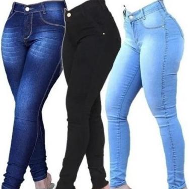 Imagem de kit com 3 calças Jeans Feminina Skinny Cós Alto que empina Hot Pants C