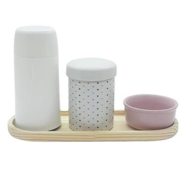 Imagem de Kit higiene 4 peças Poá Molh. Rosa c/ garrafa Tudo porcelana - Antilop