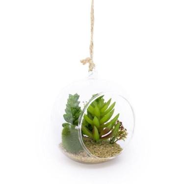 Imagem de Flor Suculenta Com Vaso De Vidro Para Pendurar Sala Verde 11 Cm F04 - 