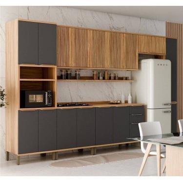 Imagem de Cozinha Modulada Completa 385cm 7 Peças 16 Portas com Tampo 100% MDF Noruega Fresada Espresso Móveis Amêndoa/Cinza