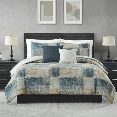 Imagem de Modern Threads Conjunto de edredom estampado de 5 peças, Bainbridge King em azul-petróleo cobre – edredom macio, 2 fronhas e 2 travesseiros decorativos