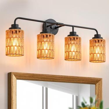 Imagem de FIYUEOYI Luminária De Banheiro, Luminária De Banheiro Estilo Boho De 4 Luzes Sobre O Espelho Com Abajures Rústicos Tecidos À Mão, Luminária De Parede Estilo Fazenda De 30 Polegadas
