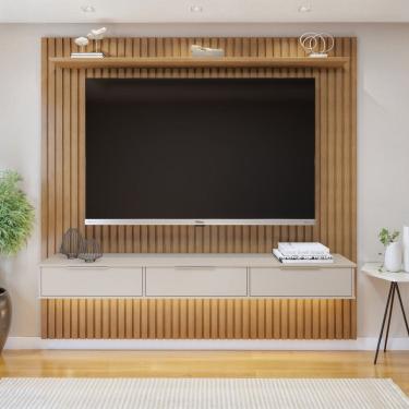 Imagem de Painel Suspenso Ripado 227,6 Cm com Nicho Vitória 1 Fita de Led 100% Mdf Marrom/Cinza