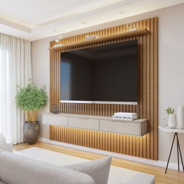 Imagem de Painel Suspenso Ripado 227,6 Cm com Nicho Vitória Dupla Fita de Led 100% Mdf Marrom/Cinza