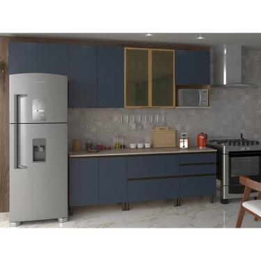 Imagem de Cozinha Completa Bartira Cristal com 8 Portas, 5 Gavetas, 6 Prateleiras e 300cm de Largura - Lâmina de Mel/Azul Royal
