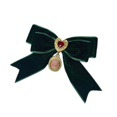 Imagem de Broche de laço de camafeu vitoriano pendurado pré-amarrado cristal vermelho amor coração gravata broche para mulheres meninas broches de fita de veludo alfinetes barroco camisa social corsage