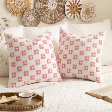 Imagem de EMEMA Capas de almofada decorativas margarida sol flor jacquard capa de almofada retangular para sofá cama sala de estar quarto conjunto de 2, 61 x 61 cm, rosa e branco
