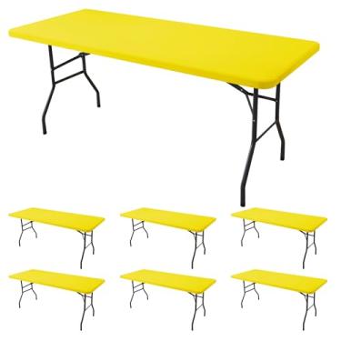 Imagem de Enjoyidea Toalha de mesa ajustada para mesas retangulares de 2,3 m - pacote com 6 toalhas de mesa amarelas elásticas para piquenique ao ar livre - toalhas de mesa dobráveis elásticas de elastano 2,4 m