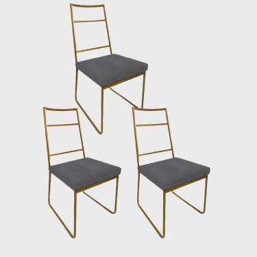 Imagem de Kit 03 Cadeiras Sala de Jantar Escritório Office Stark Industrial Ferro Dourado Sintético Cinza - Ahz Móveis