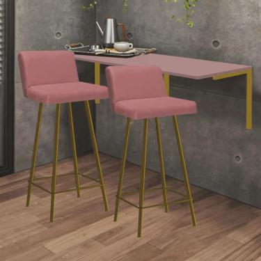 Imagem de Kit Mesa Suspensa de Parede Fixa mdf Rosa + 2 Banquetas Lexi Ferro Dourado Suede Rose - Ahazzo Móveis