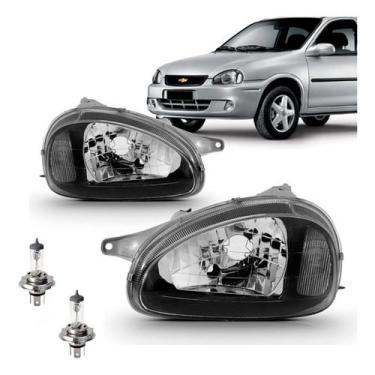 Imagem de Kit par farol corsa 2001 carcaca cinza moldura preta + par lampada H4 halogena
