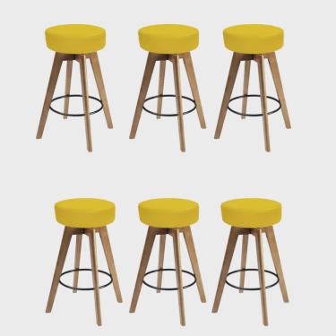 Imagem de Kit 06 Banqueta Alta Redonda Giratória Elsa Madeira Balcão Bistrô Cozinha Corino Amarelo - Ahz Móveis