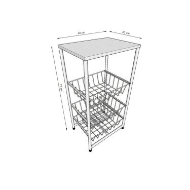 Imagem de Fruteira De Chão Cozinha Aço Mdf 3 Cestos Multiuso Rodinha