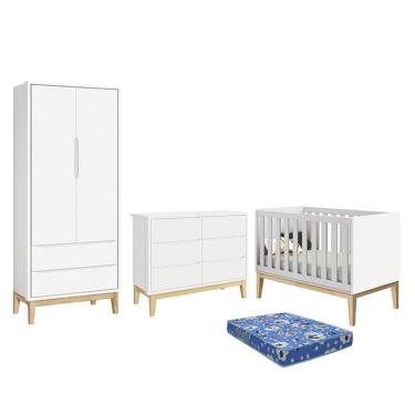 Imagem de Dormitório Infantil Classic 2 Portas, Cômoda 6 Gavetas, Berço com Pés Madeira Natural e Colchão - Reller Móveis Branco Fosco
