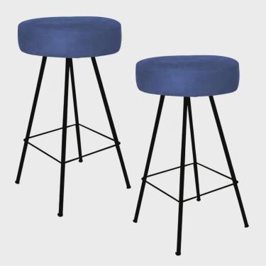 Imagem de Kit 02 Banqueta Alta Laisa Industrial Redonda Cozinha Bar Balcão Bistrô Ferro Preto Suede Azul Marinho - Ahz Móveis