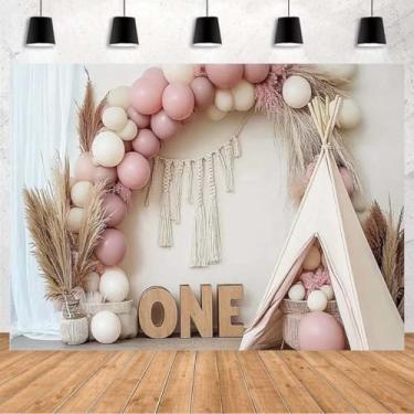 Imagem de XUNJIN NO.1 Pano de fundo para fotografia de barraca de balão de grama boêmia, faixa multiuso de vinil para quebra de bolo de 1º aniversário, decoração de festa de fim de ano, cenário de estilo boêmio