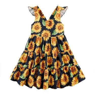 Imagem de Vestido de verão infantil fofo com manga esvoaçante e manga esvoaçante de unicórnio para bebês de 2 a 8 anos, Girassol/preto, 5-6 Anos