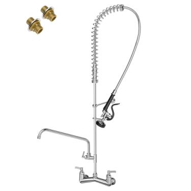 Imagem de FAUAID Torneira de pia comercial Suporte de parede com pulverizador de pré-enxágue 20 cm Torneira de pia de cozinha com 119 cm de altura com bico giratório adicional de 35 cm para pia de compartimento