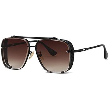 Imagem de Gtand Óculos de sol masculinos grandes quadrados aviador gradiente vintage metal escudo lateral Steampunk 64 mm, Armação preta C4/lente marrom gradiente, Large