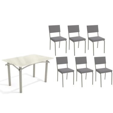 Imagem de Sala de Jantar Completa Elba Tampo Madeirado c/ Vidro 120cm e 6 Cadeiras Zaria Niquel/Off White - Suede Cinza - Kappesberg
