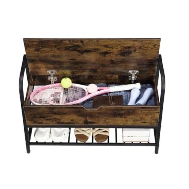 Imagem de Vossfamul Banco de sapatos com armazenamento, organizador de madeira de 83 cm com caixa flip top, rack de sapatos com moldura de metal estilo industrial para entrada, quarto, armário, corredor, marrom
