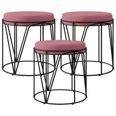 Imagem de Kit 03 Puffs Aramado Preto Zaya L02 Suede Rosê