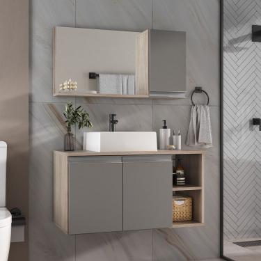 Imagem de Conjunto Gabinete Banheiro Virtus 80cm - Gabinete + Cuba + Espelheira Madeirado Cinza