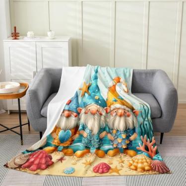 Imagem de Erosebridal Manta de lã de gnomo de verão, 101 x 127 cm, cobertor de flanela macia para crianças, meninos, meninas, concha do mar para sofá-cama, sofá, tema oceano, decoração de quarto para todas as