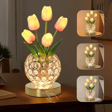 Imagem de Lâmpada de flor de tulipa, lâmpada de tulipa recarregável, luz noturna de flores artificiais de LED com vaso de cristal e 3 temperaturas de cor, luminária de mesa sem fio de toque regulável, presente