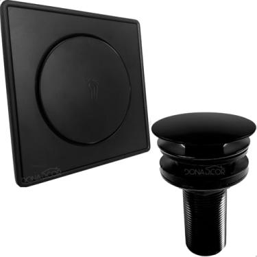 Imagem de Dona D Cor, Ralo Click Preto E Porta Grelha 15x15 Valvula Click 7/8 Inox Kit Banheiro Completo Caixilho Quadrado 15cm Ralo Pia Escoamento 30mm Preto Fosco