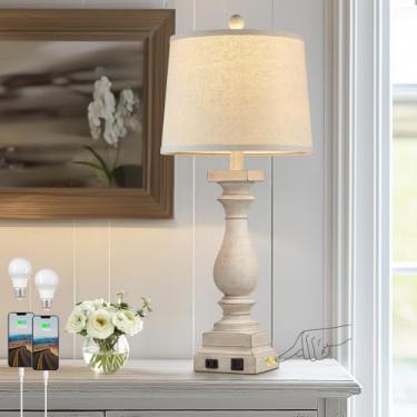 Imagem de MOUVOVO Luminárias De Mesa Estilo Fazenda 28" Com Portas Usb C+A E Tomada Ca, Cabeceira Rústica Controle Toque 3 Vias Para Quarto, Vintage Bege Sala Estar Escritório