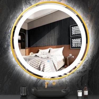 Imagem de TiliKuly Espelho De Vaidade Redondo Dourado 28" Com Moldura Luzes, Círculo Iluminado Para Banheiro, Salão Beleza, Parede Iluminação Led, Memória Toque Inteligente, 3 Cores Reguláveis E Antiembaçante