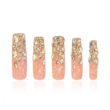 Imagem de LOVFUL Unhas De Pressão Stardust Gold Com Strass, Feitas À Mão Cristais Totalmente Cobertos, Postiças Reutilizáveis, Quadradas, Comprimento Médio 4 Cm, H84-M
