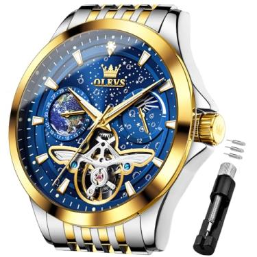 Imagem de OLEVS Relógio mecânico masculino, cronógrafo, diamante, turbilhão, data, fase da lua, pulseira ajustável, presente, multifuncional, azul/preto/dourado/prata, G6705: Pulseira de dois tons e mostrador