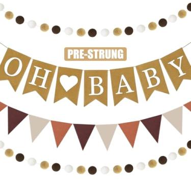 Imagem de Oh Baby Banner, 4 peças de decorações de chá de bebê florestal galhardete de serapilheira e feltro marrom creme bege com guirlanda de bola de pompom revelação de gênero adereços de sessão de fotos