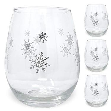 Imagem de Conjunto de copo de vinho de inverno – conjunto de 4 copos sem haste com desenhos de flocos de neve prateados – 355 ml