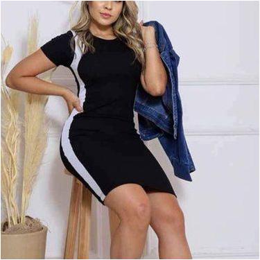 Imagem de Vestido feminino manga curta malha canelada curto faixa branca lateral