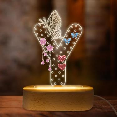 Imagem de COSHAYSOO Organizador de brincos para mulheres, meninas adolescentes com decorações de borboleta, luz noturna de LED, plugue USB, suporte de brinco com letra inicial, penteadeira, penteadeira, quarto