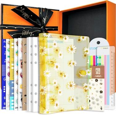 Imagem de Organizador pessoal A6 A5 com capa de PVC colorida de 6 furos com fecho de botão de pressão, pasta de arquivo para caderno de folhas soltas (margarida amarela, caixa de presente A6)