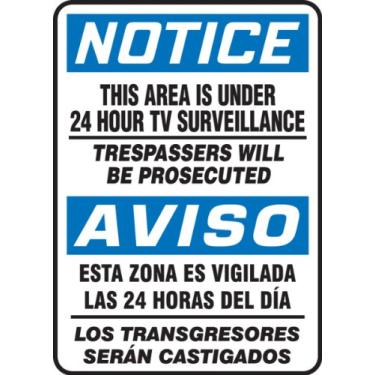 Imagem de Accuform Signs SBMASE812VP Placa bilíngue espanhola de plástico, legenda "NOTICE THIS AREA IS UNDER 24 HOUR TV SURVEILLANCE-TRESPASSERS WILL BE PROSECUTED/AVISO ESTA ZONA ES VIGILADA LAS 24 HORAS DEL